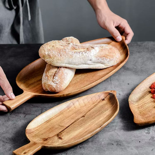 Modern Farmhouse Style Table Decor Organic Bread Loaves On Acacia Wood Leaf Shape Trays