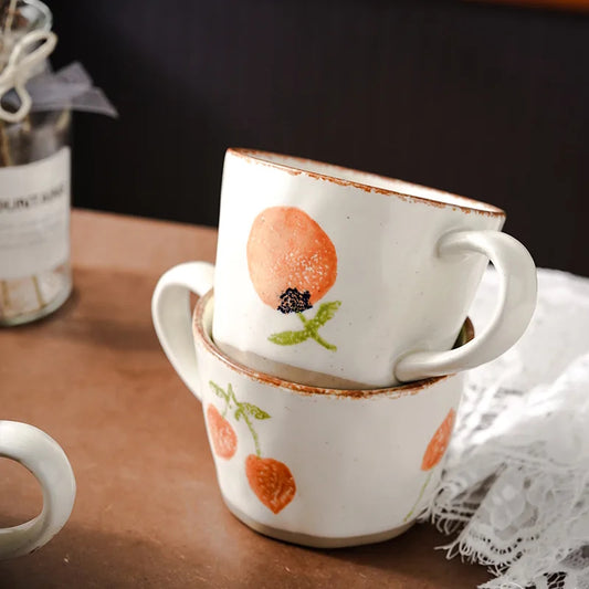 Stacked Mugs With Exposed Base Pottery Orchard Fruit Patterns Citrus And Peaches