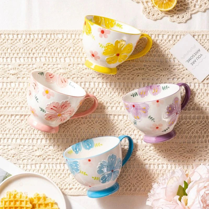 Yellow Pink Purple Blue Painted Petals Ceramic Tea Cup Mugs With Flower Patterns