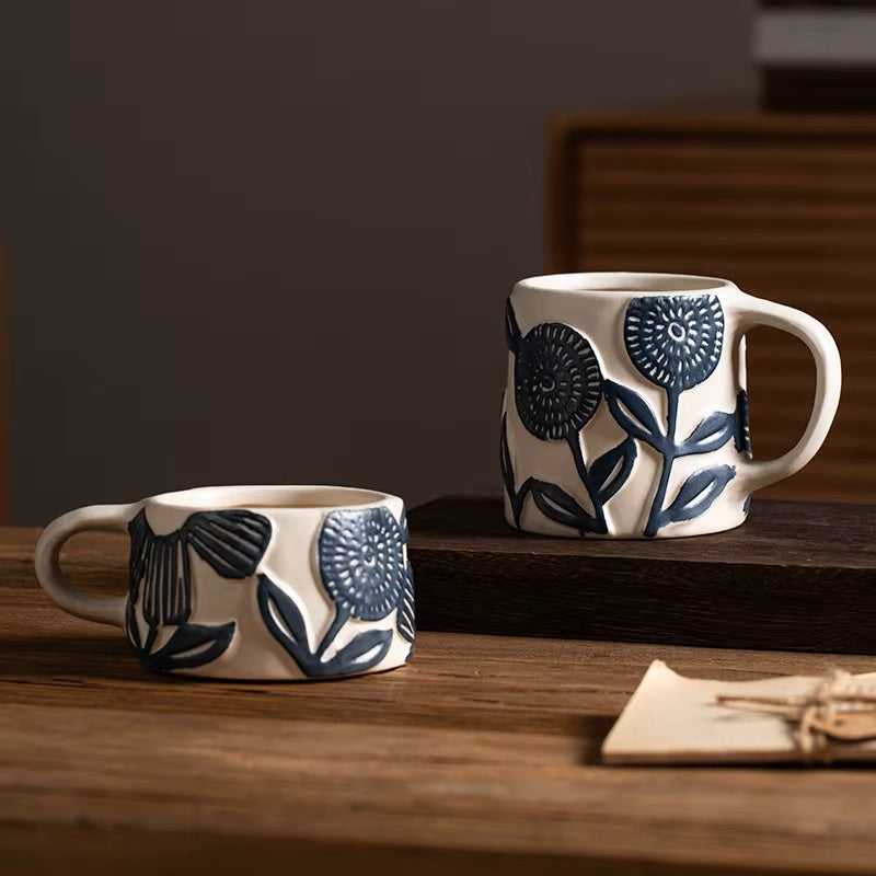 Big Blooms In Blue Flower Patterns Ceramic Pottery Mugs With Retro Craft Organic Style