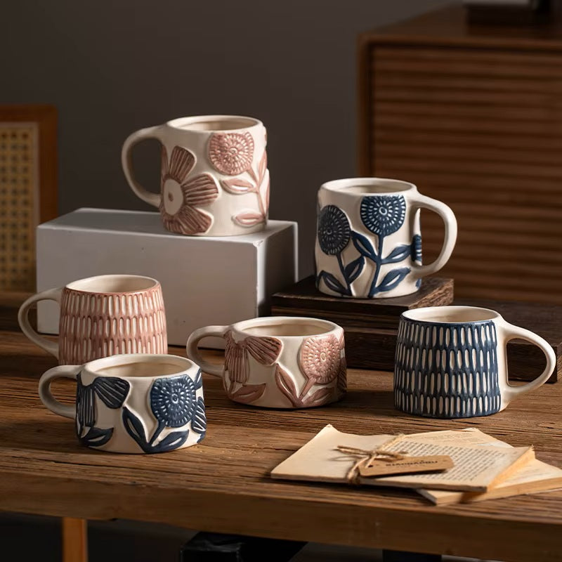 Six Matching Ceramic Mugs In Organic Retro Craft Style Decor Pink And Blue Pottery Drinkware