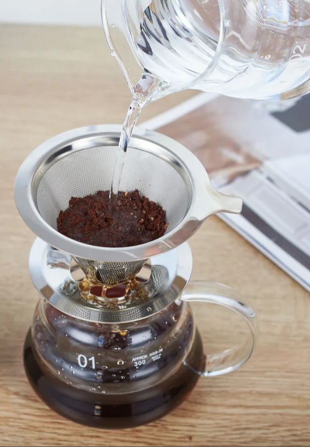 Making Pour Over Coffee With Reusable Stainless Steel Coffee Filter Basket With Base