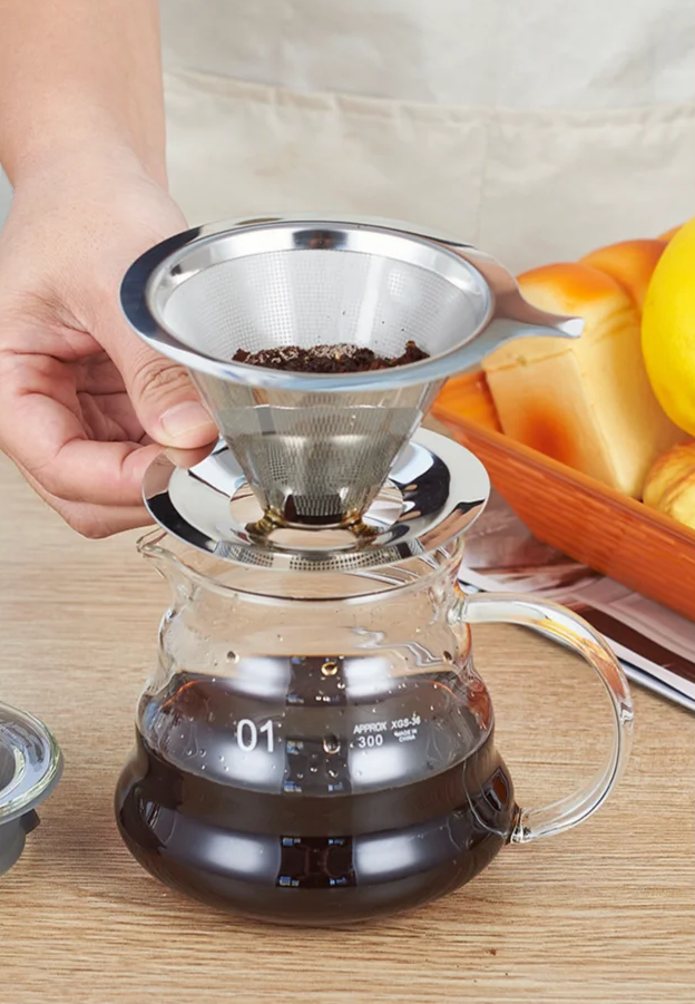 Stainless Steel Pour Over Style Coffee Basket With Base For Drip Coffee And Pour Over Brewing Methods