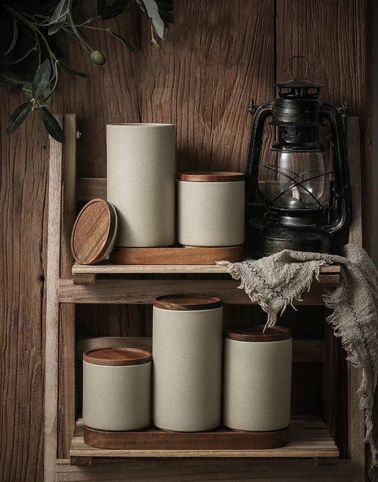 Rustic Farmhouse Style Kitchen Decor Ceramic Jars With Wooden Lids And Trays