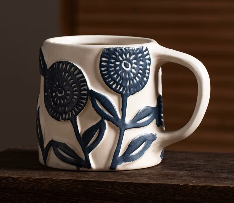 Serene Blooms Deep Organic Retro Craft Style Ceramic Mug Blue