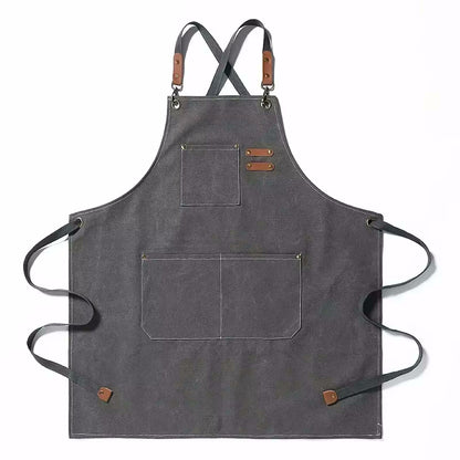 Earl Grey Color Cookout Style Cotton Canvas Kitchen Apron With Pockets And Adjustable Tie Strings