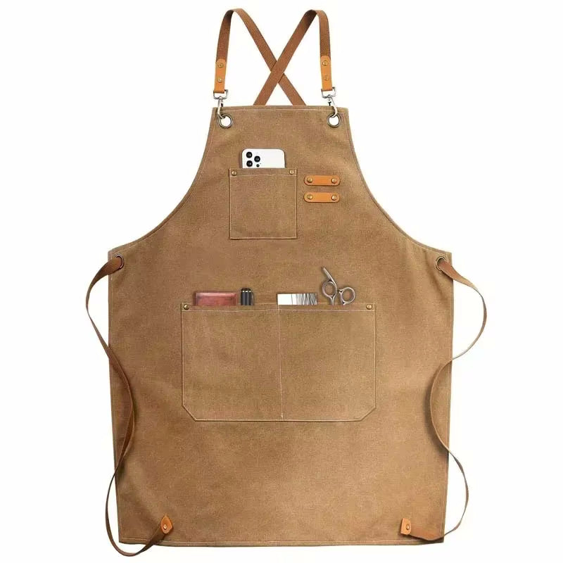 Toasted Almond Color Cookout Style Cotton Canvas Kitchen Apron With Pockets And Adjustable Tie Strings
