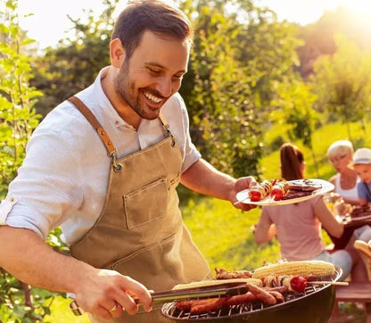 BBQ Cookout Apron Man Grilling Food On Barbecue Wearing Canvas Apron
