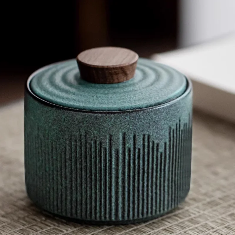 Beautiful Ceramic Jar With Lid And Wooden Knob Tahoe Style Tea Caddy