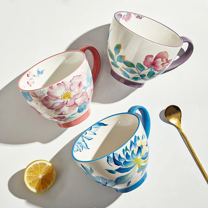Beautiful Flower Mugs In Sunlight Large Tea Cups With Watercolor Garden Florals