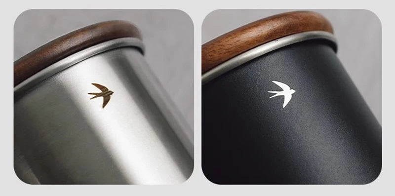 Bird Detail On Swift Stainless Steel & Walnut Wood Sealable Food Storage Canisters In Silver And Black