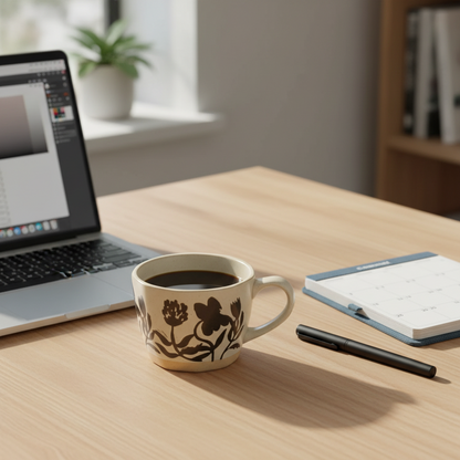 Coffee Break Black Flowers On Garden Impressions Ceramic Mug At Work Coffee Cup With Floral Design
