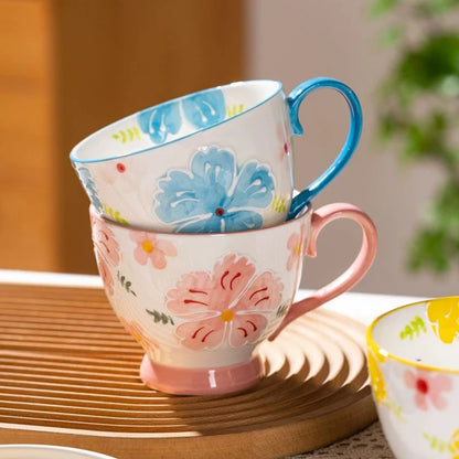 Blue And Pink Ceramic Tea Cups With Bright Painted Flowers