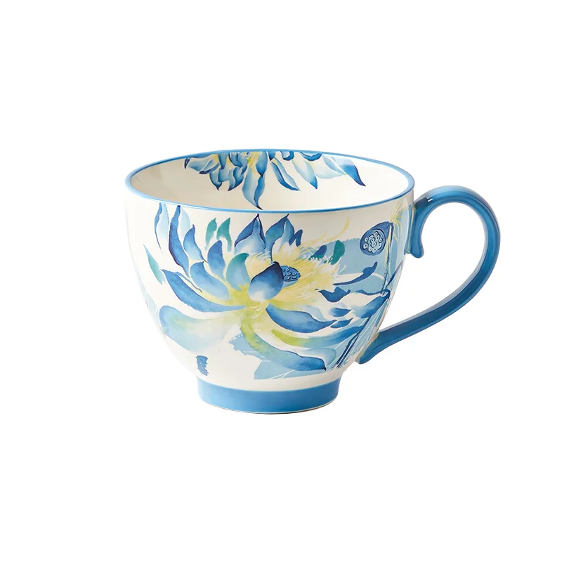 Blue Visions Watercolor Garden Style Ceramic Mug With Blue Handle