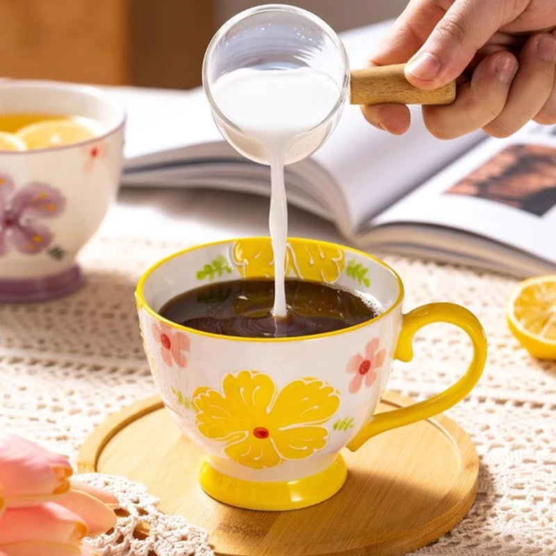 Bright Yellow Flower Coffee Mug Painted Petals Ceramic Tea Cups