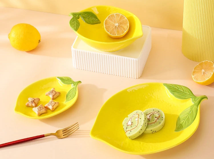 Bright Yellow Lemon Shaped Ceramic Dishes Citrus Theme Pottery With Summer Style Home Decor