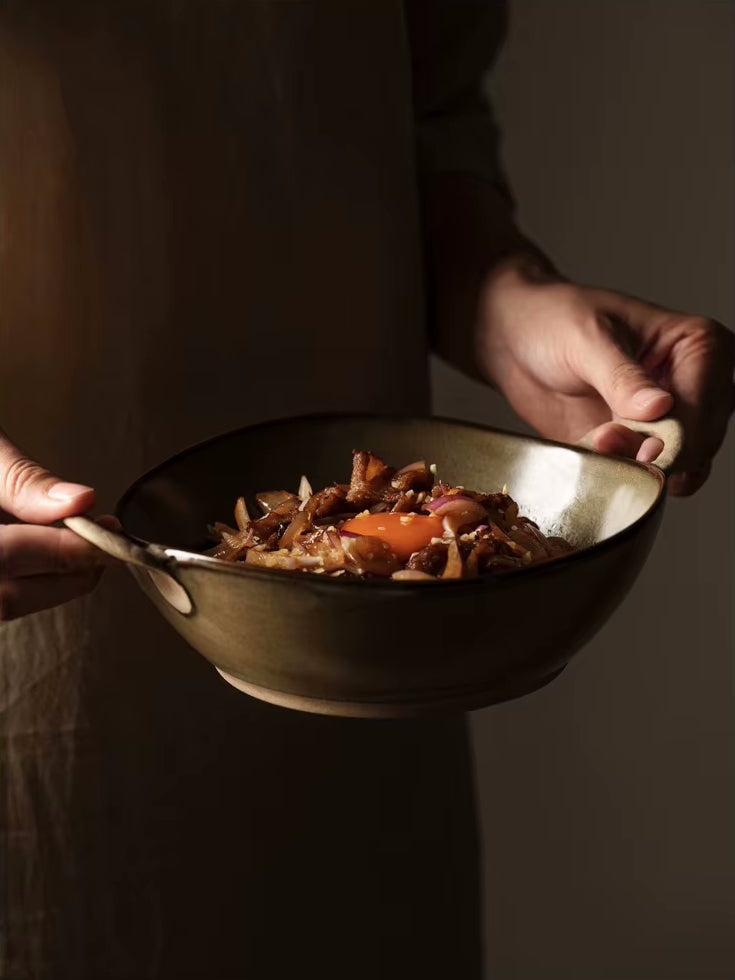 Carrying Farmhouse Villa Style Ceramic Bowl With Handles