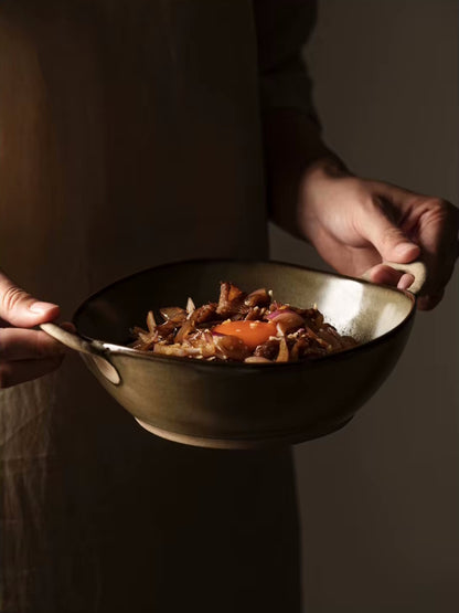 Carrying Farmhouse Villa Style Ceramic Bowl With Handles