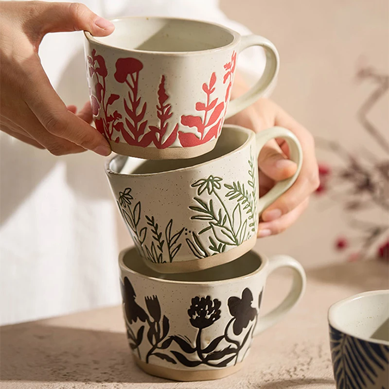 Ceramic Pottery Cups With Exposed Bases Garden Impressions Mugs With Plant And Flower Designs
