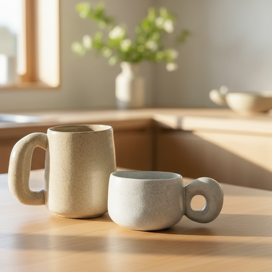 Chunky Style Organic Retro Mugs With Large Handles In Modern Organic Kitchen