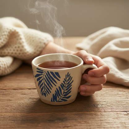 Cozy Hygge Vibes Hot Drink In Blue Garden Impressions Ceramic Mug Drinkware Pottery With Fern Plant Tropical Leaf Pattern