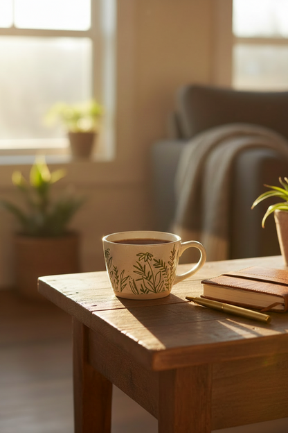 Cozy Relaxing Home Green Flower Pattern Garden Impressions Ceramic Pottery Mug For Hygge Living