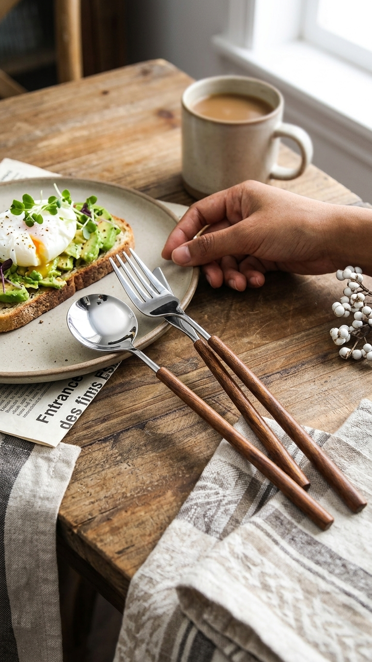 Cup Of Coffee Healthy Avocado Toast And Ferme Farmhouse Style Silverware Cutlery With Rosewood Handles Rustic Flatware