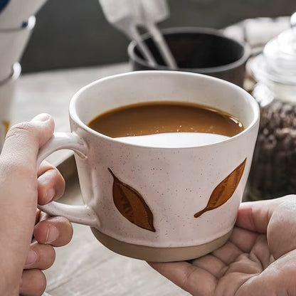 Cup Of Coffee Organic Craft Style Ceramic Drinkware Brown Leaf Autumn Mug For Fall