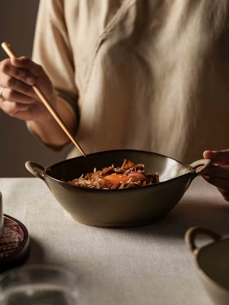 Eating Asian Food From Farmhouse Style Tuscan Villa Pottery Bowl With Handles