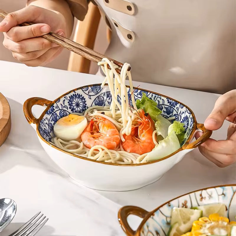 Eating Food From Oriental Modern Farmhouse Style Noodle Bowl With Handles Blue Flower Pattern