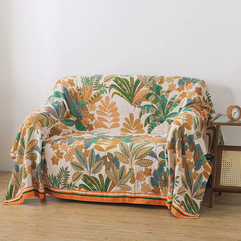 Emerald Eden Reversible Light Couch Cover Cotton Sofa Blanket With Plants