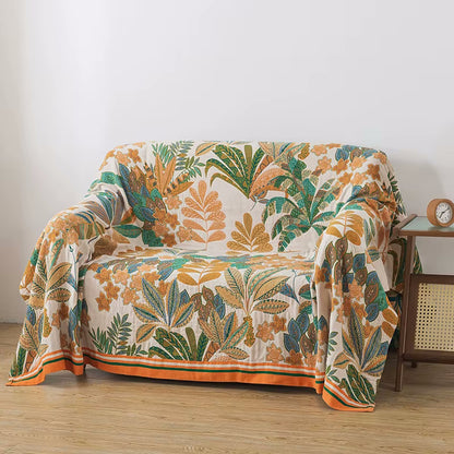 Emerald Eden Reversible Light Couch Cover Cotton Sofa Blanket With Plants