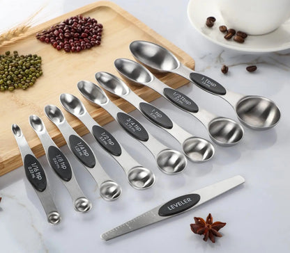 Everyday Stainless Steel Measuring Spoons With Leveler Magnetic Measuring Utensil Set 9pc Black And Metal Kitchen Style