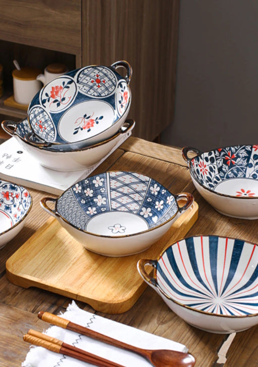 Farmhouse Style Bowls With Handles Purposefully Irregular Shape Dinnerware Dishes In Oriental Flower Patterns