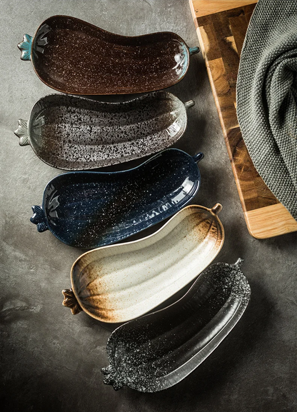 Multiple Styles Of Speckled Paint Pottery Ceramic Eggplant Vegetable Dishes For Tablescape Styling And Dining