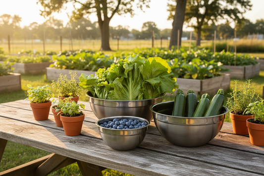 Fresh Garden Vegetables And Berries In Stainless Steel Bowls