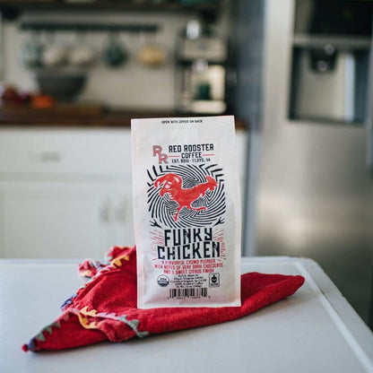 Funky Chicken Organic Red Rooster Coffee On The Kitchen Counter
