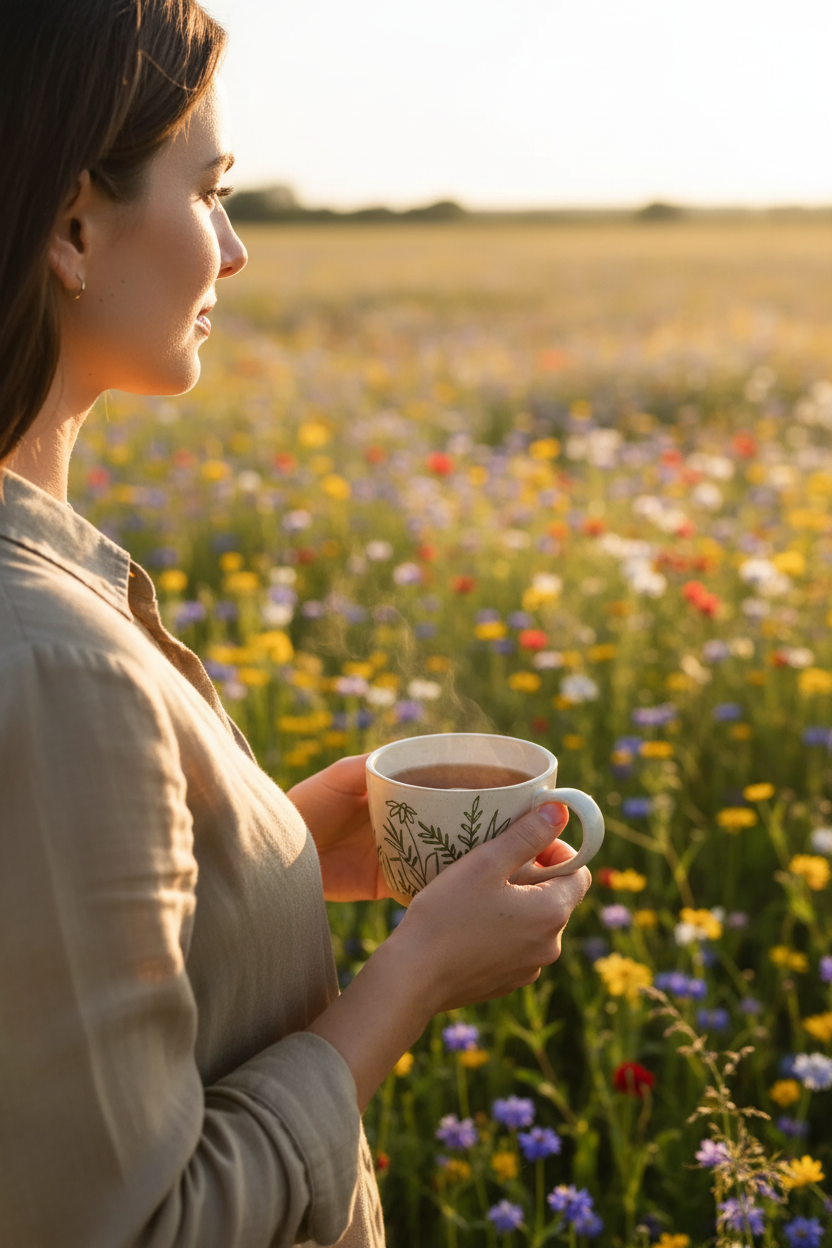 Golden Hour Lighting Woman In Wildflower Field Holding A Hot Drink Outdoors Beverage In Floral Garden Impressions Ceramic Mug With Flowers