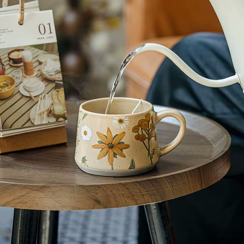 Gooseneck Kettle Making Tea In Daisy Pattern Mug Enchanting Botanicals Ceramic Tea Cup
