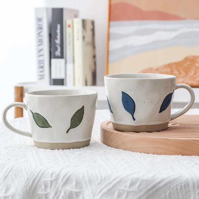 Green Leaves And Blue Leafy Pattern Matching Mugs With Craft Style Drinkware Coffee Cups With Exposed Ceramic Base