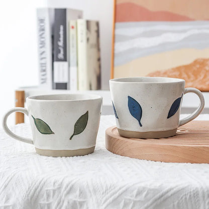 Green Leaves And Blue Leafy Pattern Matching Mugs With Craft Style Drinkware Coffee Cups With Exposed Ceramic Base