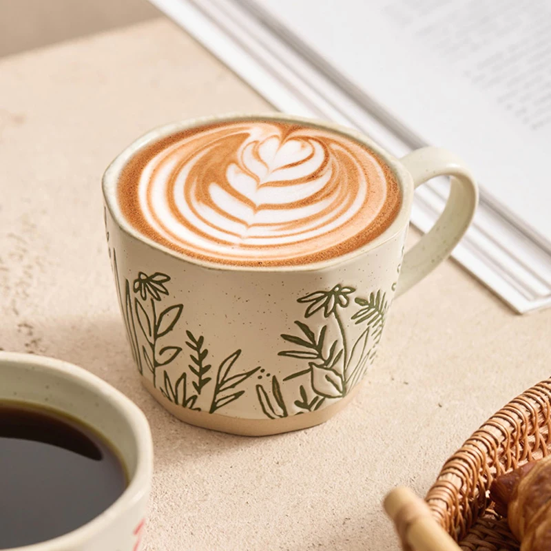 Latte Art Cappuccino In Green Garden Impressions Mug With Flowers