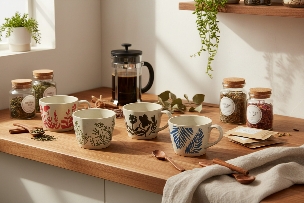 Loose Leaf Teas And Coffee Bar With Organic Style Pottery Tea Cups And Coffee Mugs Garden Impressions Ceramic Cups With Exposed Bases And Botanical Patterns