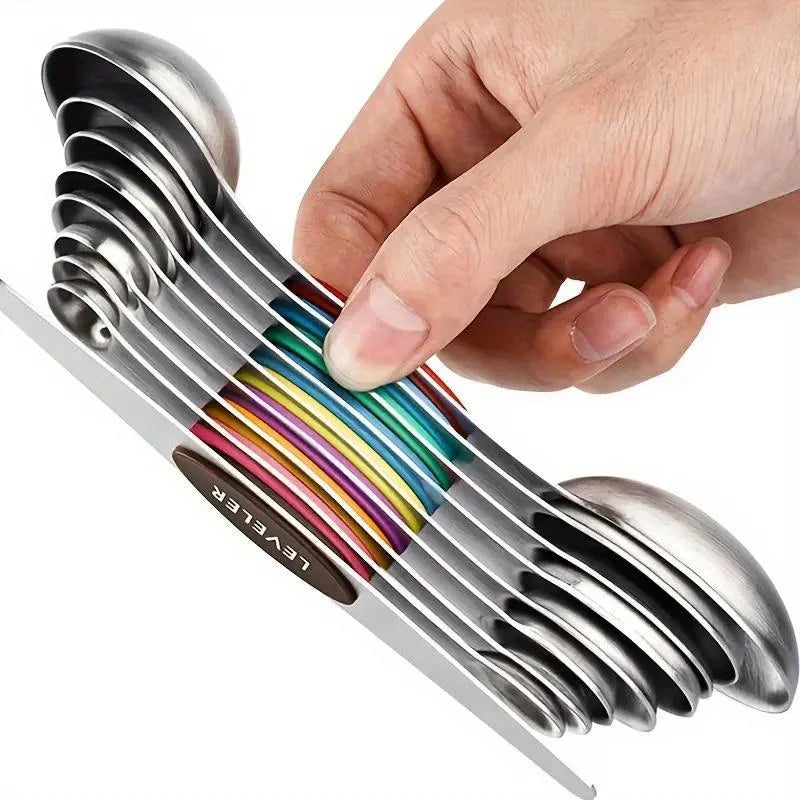 Magnetic Measuring Spoons With Leveler Stackable Kitchen Tools Nine Piece Set