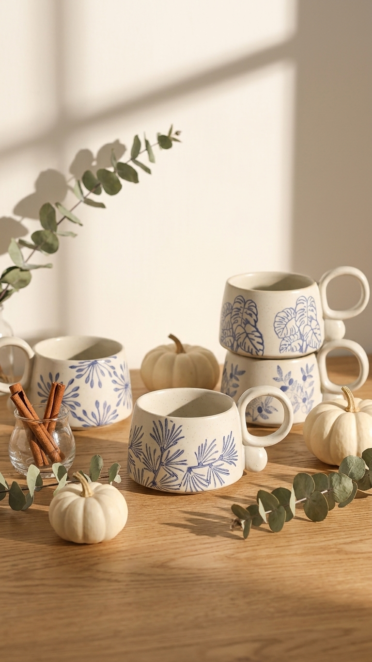 Nature In Blue Mugs Hygge Lifestyle Pottery Unique Ceramic Cups Cozy Drink Season With White Pumpkins