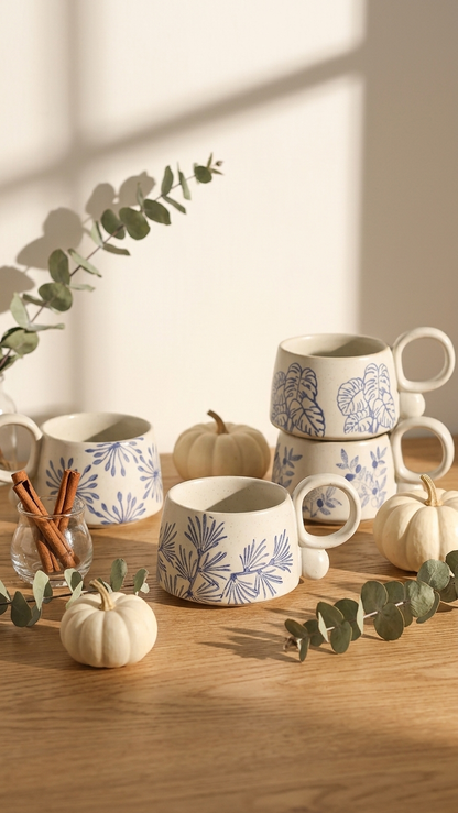 Nature In Blue Mugs Hygge Lifestyle Pottery Unique Ceramic Cups Cozy Drink Season With White Pumpkins