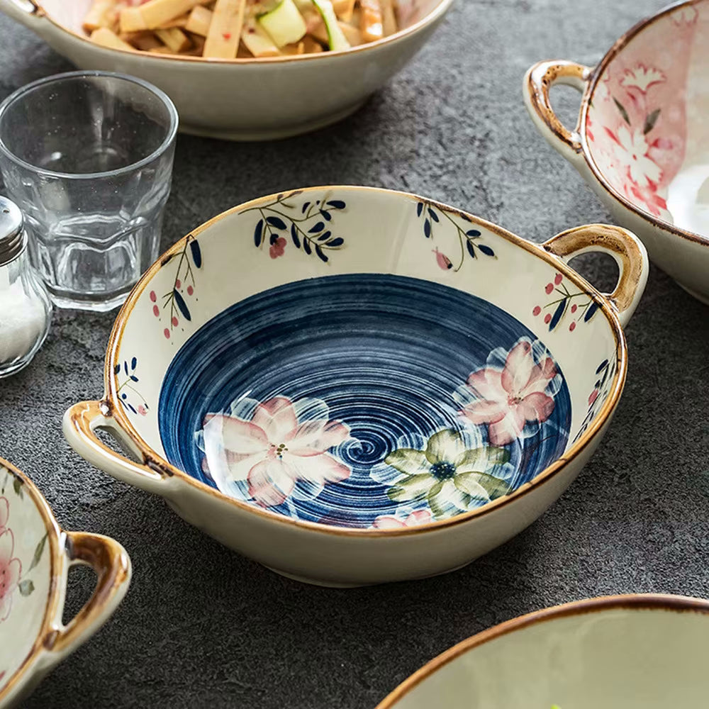 Farmhouse Style Irregular Shaped Ceramic Bowls With Handles