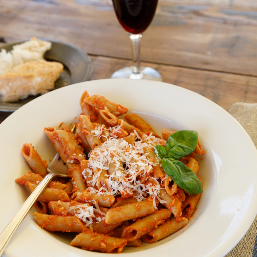 Glass Of Wine With Patagonia Provisions Organic Penne Alla Vodka Pasta Recipe