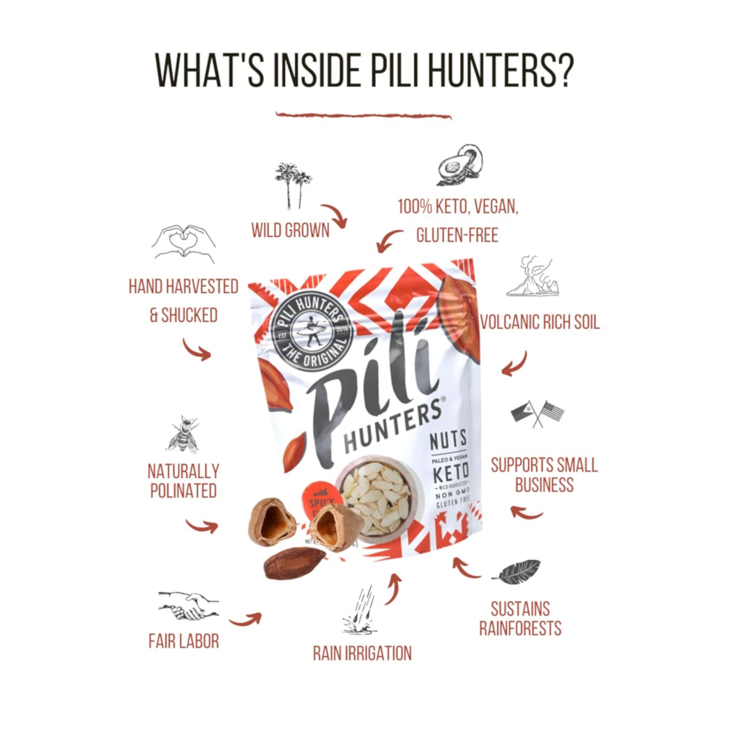 Pili Hunters Infographic Keto Vegan Wild Grown Pili Nuts With Spicy Chili Pepper