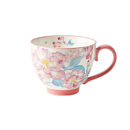 Pink Petals Watercolor Garden Style Ceramic Mug With Pink Handle